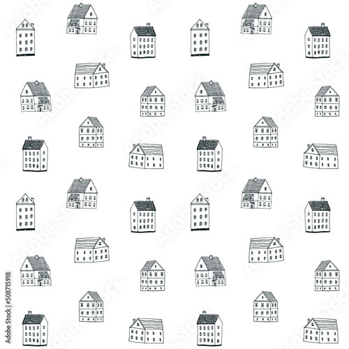 little houses vector seamless line pattern