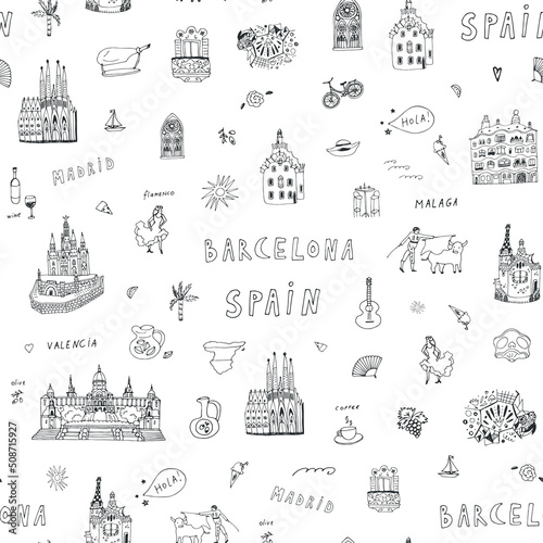 Barcelona Spain travel architecture landmarks vector seamless pattern