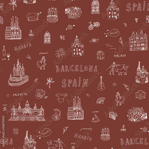 Barcelona Spain travel architecture landmarks vector seamless pattern