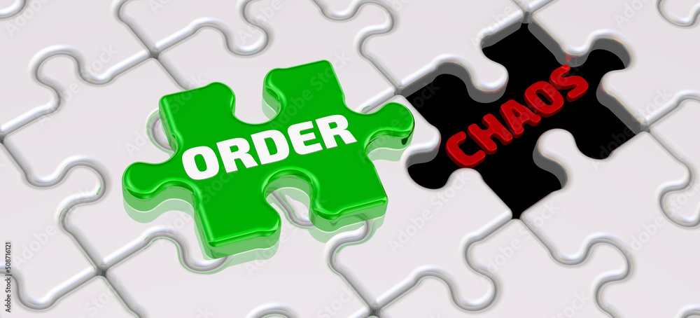 Order and chaos. Puzzle concept. The folded white puzzles elements with empty place labeled CHAOS and one green puzzle with white word ORDER. 3D illustration Order and chaos. Puzzle concept. The folded white puzzles elements with empty place labeled CHAOS and one green puzzle with white word ORDER. 3D illustration
