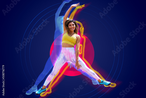 Sporty young woman jump on art paint background