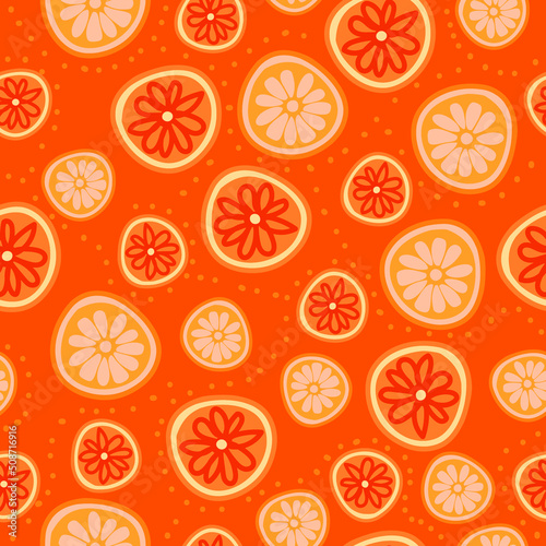 Seamless pattern with tropical fruits, oranges, leaves. Design of dresses, clothes, fabrics, wallpapers, overalls. Cute summer pattern with oranges for girls. Tropical print.