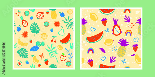 Seamless pattern of exotic fruits in hand drawn style. Vector repeat background for colorful summer fabric.