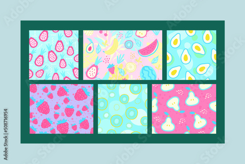 Collection of four colorful fruit posters. Cute and well drawn elements in pastel colors. Perfect for poscards, prints, or social networks or patterns. Flat Vector Illustration