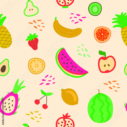 Fototapeta Naklejka Na Ścianę i Meble -  Hand drawn cute seamless pattern fruits, Orange, Banana, Pomeganate, Cherry, Strawberry, Lemon and leaf on pink pastel background. Vector illustration.