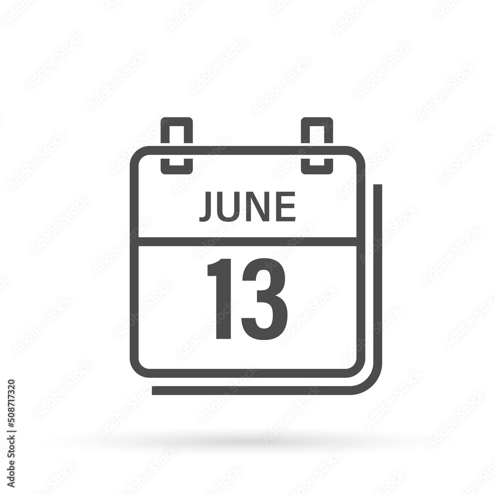 Calendar icon with shadow. June 13, Day, month. Flat vector illustration. Calendar icon with shadow. June 13, Day, month. Flat vector illustration.