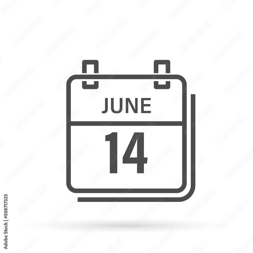 Calendar icon with shadow. June 14, Day, month. Flat vector illustration. Calendar icon with shadow. June 14, Day, month. Flat vector illustration.