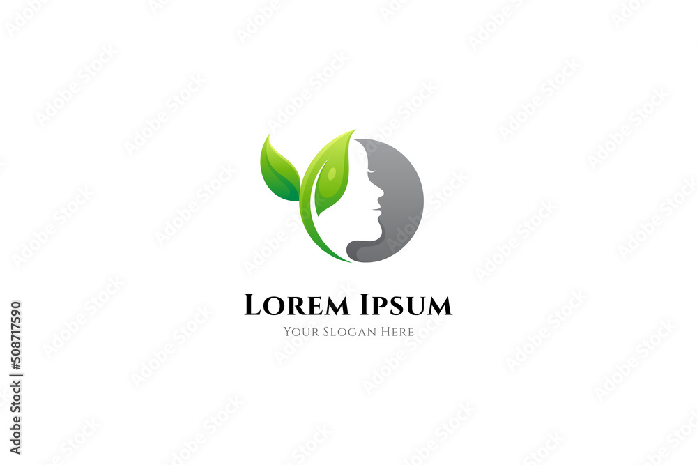beautiful woman logo decorated with leaves. simple flat design style concept, feminine, young, organic. suitable for use in beauty clinics, salons, spas, cosmetic products, skin care, skin health.