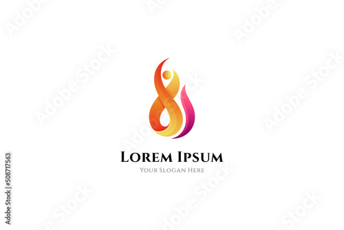 abstract logo of fire and people shape. Symbol of passion, sport, strength and energy. 3d concept with orange and red color gradient.