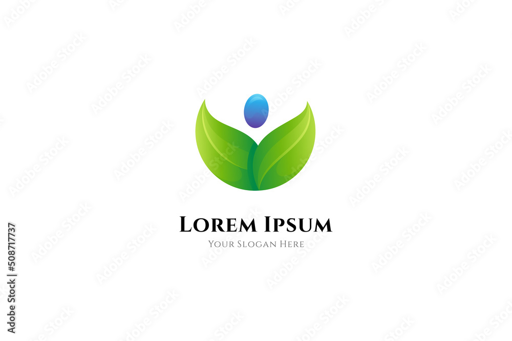 Fototapeta premium Natural leaf and people logo. Simple flat design style, abstract, organic, feminine, young. Great for health, herbal products, skin care, nature preservation.