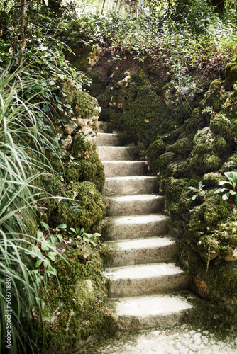 An old stone staircase. The Regaleira Palace, Quinta da Regaleira, Sintra