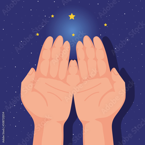hands asking god with stars