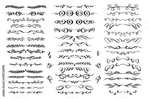 Hand drawn doodle ornamental dividers and borders set. Collection of vector calligraphic design elements.
