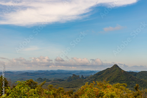 High peaks, alternating lows, green plains, southern Thailand.