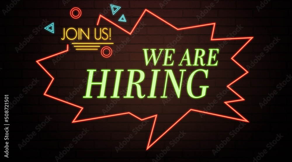 neon sign with message JOIN US! WE ARE HIRING on a dark wall