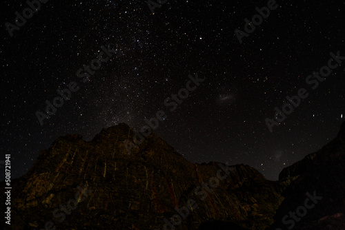 Night sky stars, Milky way galaxy with clouds. Moving and rotating stars. Photo was made in southern hemisphere.