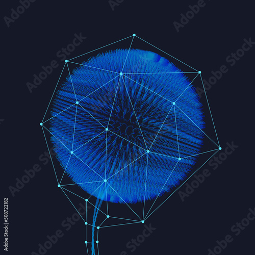 Dandelion nano technological, bright blue on a dark background. Fluffy spherical shape with polygonal mesh. Vector illustration.