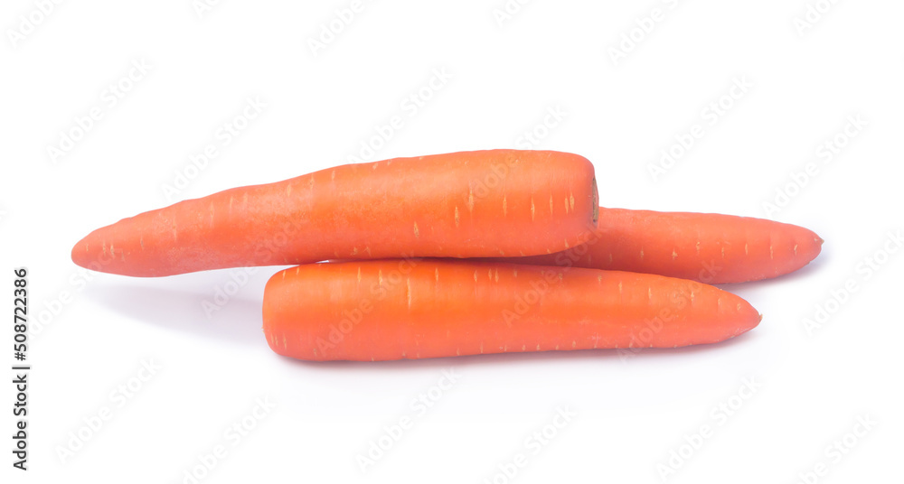 Three orange carrots vegetable in stack isolated on white background with clipping path Three orange carrots vegetable in stack isolated on white background with clipping path