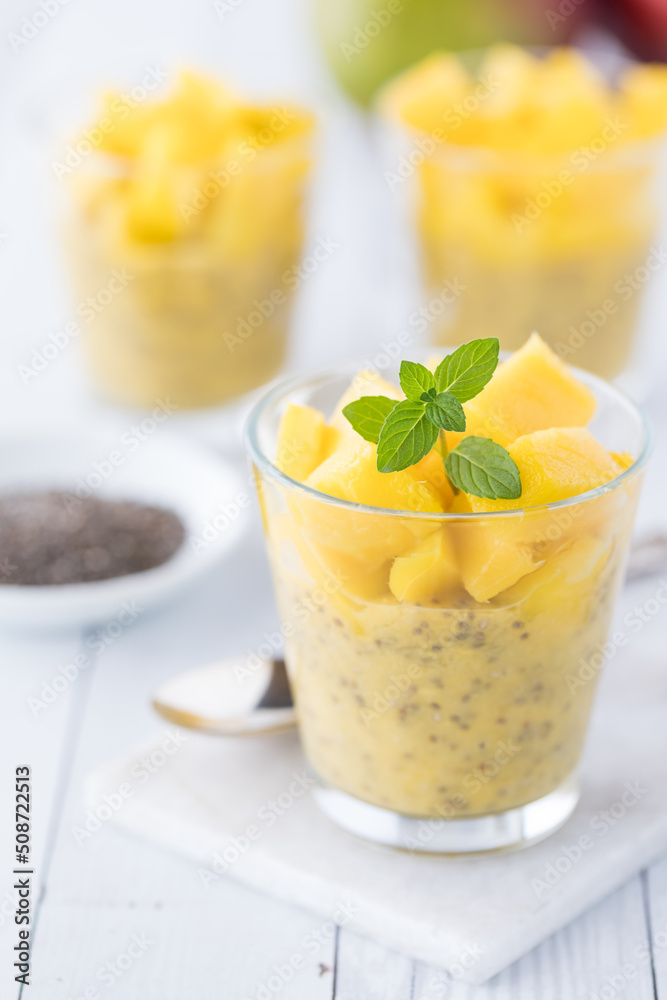Healthy mango chia pudding parfaits topped with diced mango. Healthy mango chia pudding parfaits topped with diced mango.