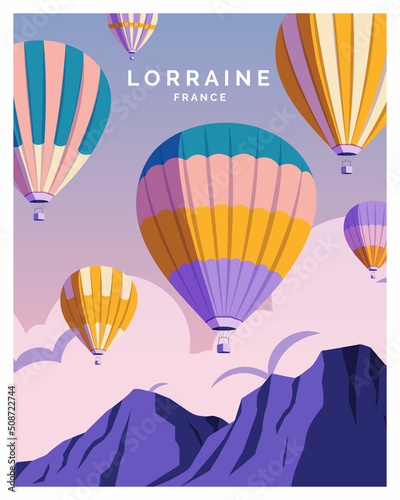 hot air balloon festival in lorraine france. travel landscape illustration background for poster, postcard, art print.