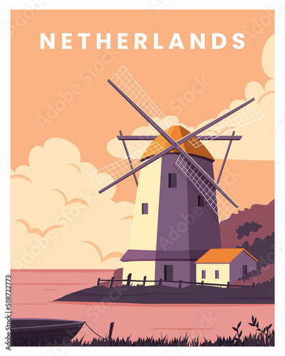 Netherland Travel Landscapes Vector Illustration with windmill. vector for poster, postcard, art print with minimalist style