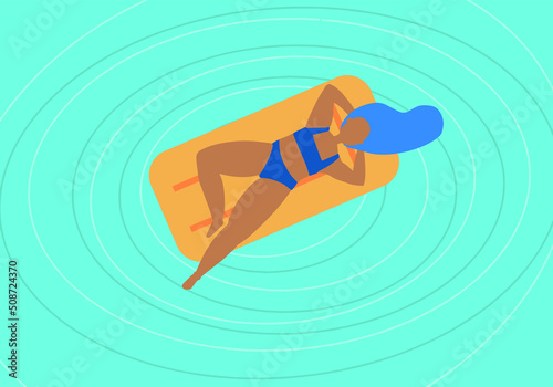 Vector. Ilustración mujeres diversas disfrutando del verano. Mujer con pelo y bikini azul sobre colchoneta amarilla flotando en el agua del mar o en la piscina.