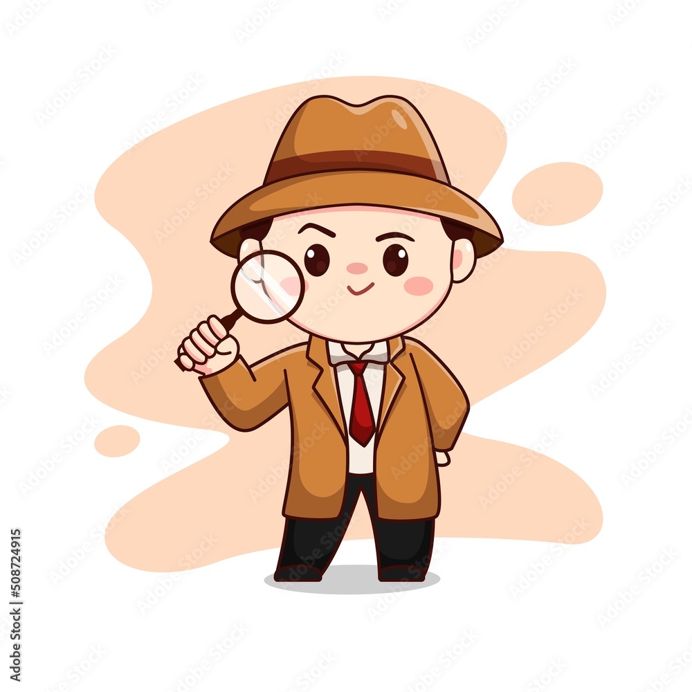 Illustration of cute detective bring a magnifying glass  chibi character