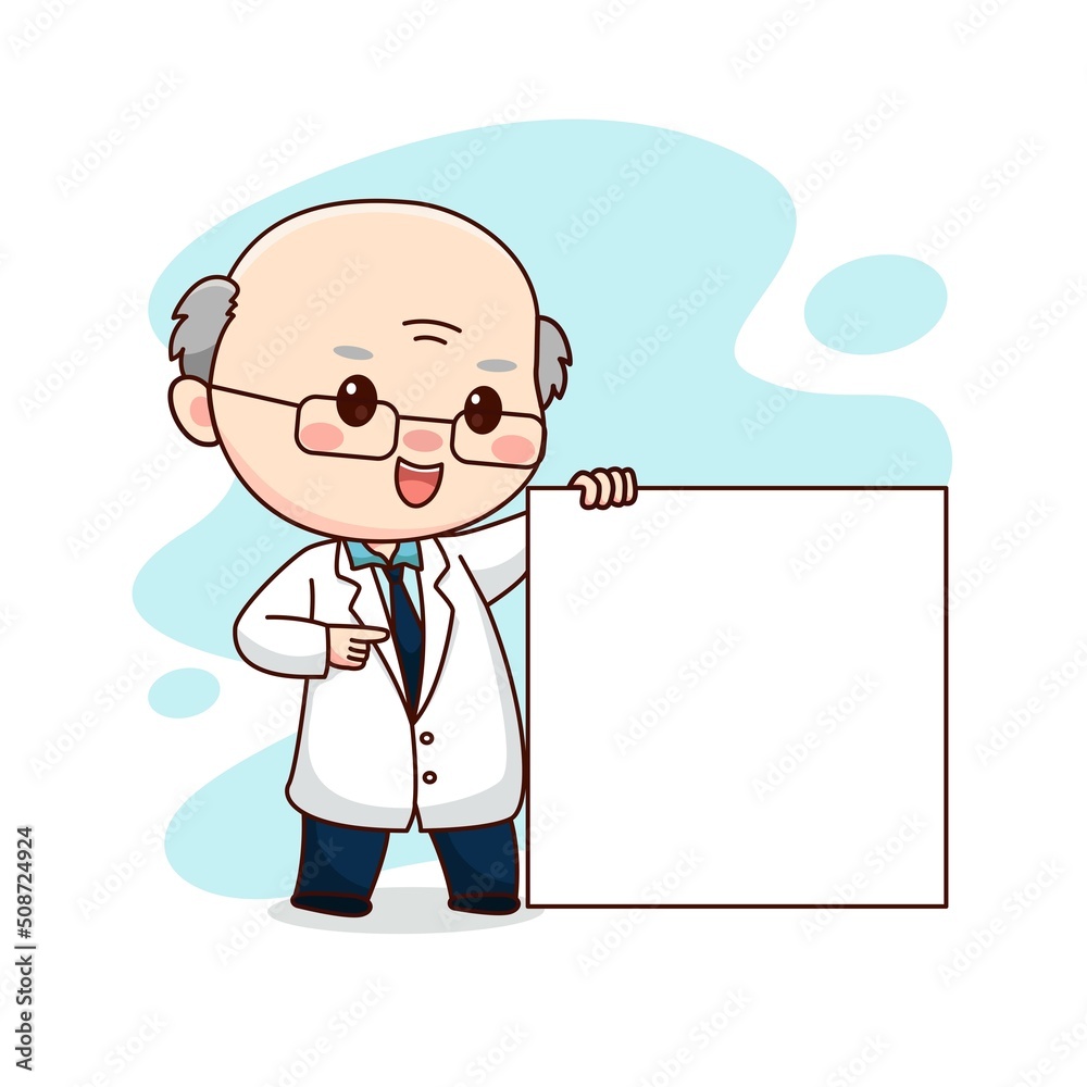 Illustration of professor or scientist holding blank board kawaii chibi cartoon character design Illustration of professor or scientist holding blank board kawaii chibi cartoon character design