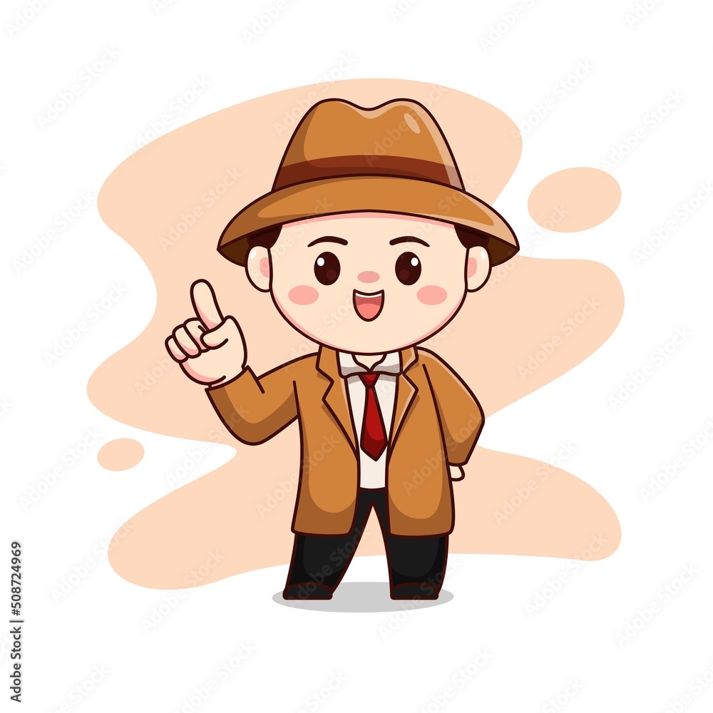 Illustration of cute detective with pointing finger kawaii chibi character