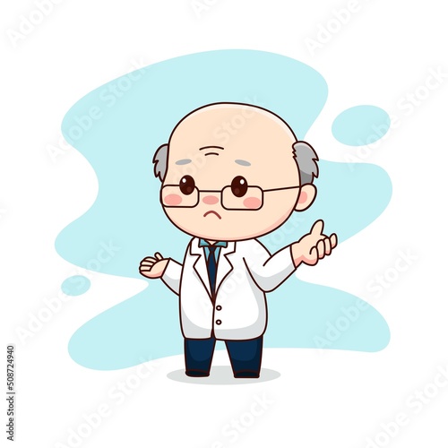 Illustration of professor or scientist feeling confused kawaii chibi cartoon character design