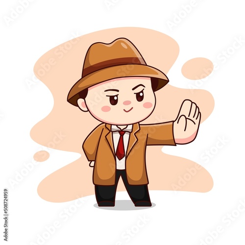 Illustration of cute detective with stop sign kawaii chibi character