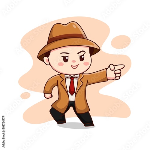 Illustration of cute detective with pointing finger kawaii chibi character