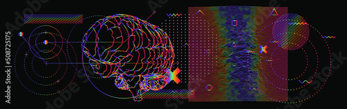 Abstract scientific background with holographic figures, 3D silhouette of the human brain and graphs.