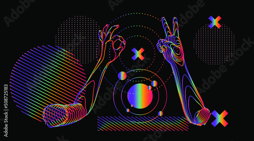 Abstract composition with model of the atom, geometric shapes and 3D hands. Sci-fi style illustration in holographic colors for chemistry and physics subjects.