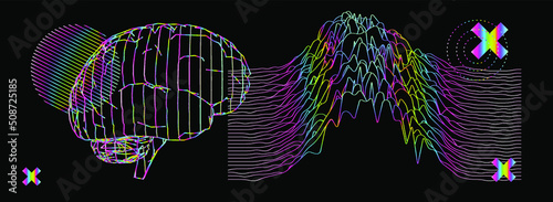 Abstract scientific background with holographic figures, 3D silhouette of the human brain and graphs.