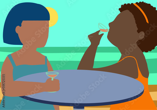 Vector. Ilustración mujeres tomando una copa en la playa. Amigas tomando algo en un restaurante de paseo marítimo con el paisaje de fondo.