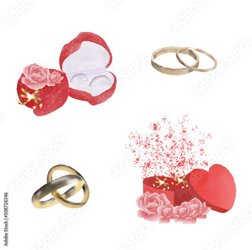 Isolated watercolor illustration of golden wedding bands in a open red ring box on white background with hearts set