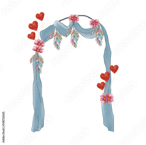 watercolor garden arches with blooming white and pink roses. Original illustration for wedding environment and landscape design