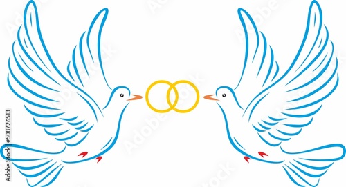 Two vector blue doves with wedding rings. Symbol of love and happiness. Birds of the wedding of the bride and groom.. © Ana Lo