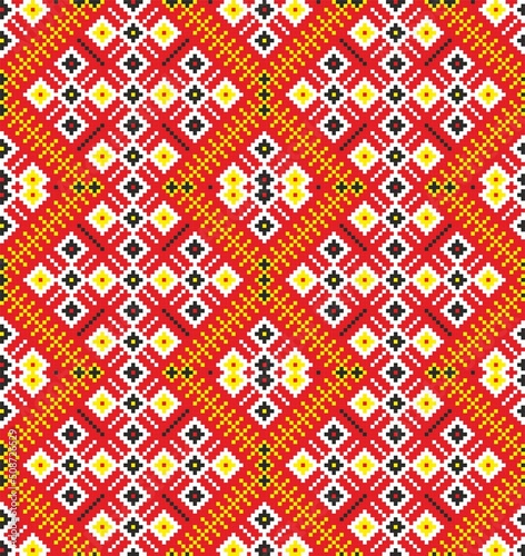 Vector colored seamless Ukrainian national ornament, embroidery. Endless ethnic floral border, Slavic peoples frame. Red cross stitch.