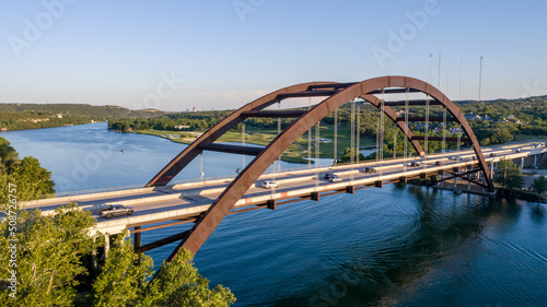 Austin Texas Pennybacker Bridge at Sunset June 2022 Boats and City skyline in background photo