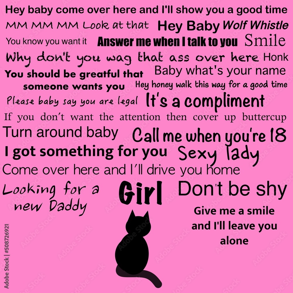 Pink background with examples of cat calling. With silhouette of a cat