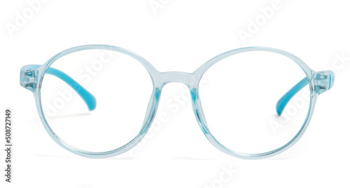 Blue frame eyeglasses on white background.