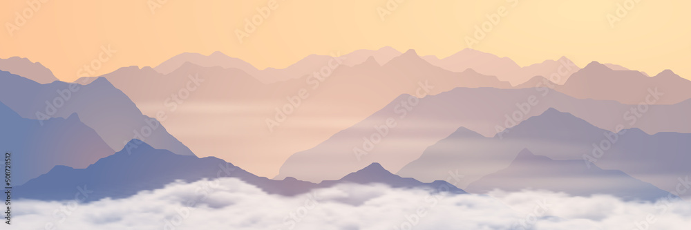 Mountains above the clouds, panoramic view of the ridges in the morning light, picturesque sunrise Mountains above the clouds, panoramic view of the ridges in the morning light, picturesque sunrise
