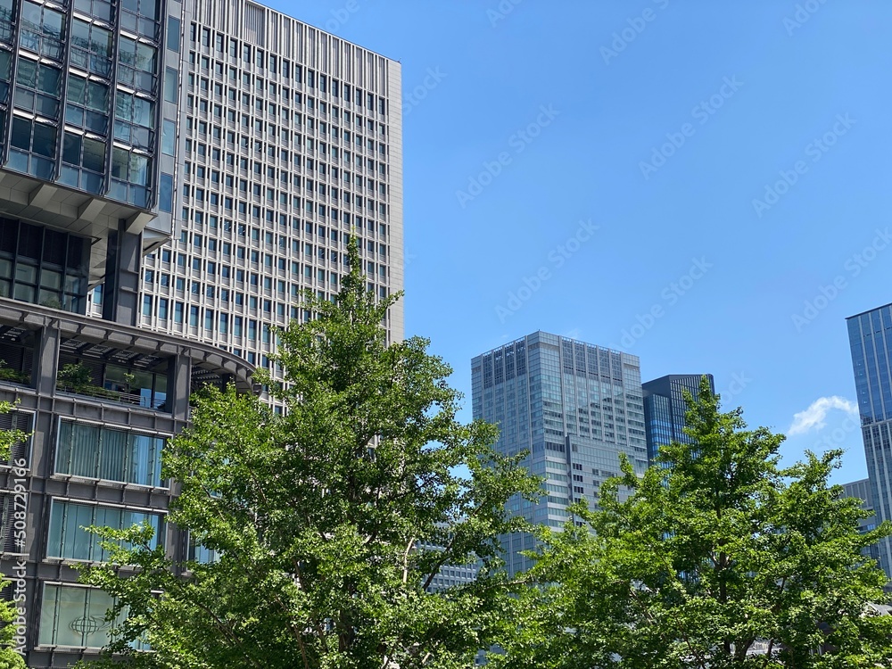 Tokyo station area buildings with the central city space, open public environment and streets of Marunouchi, year 2022 June 4th