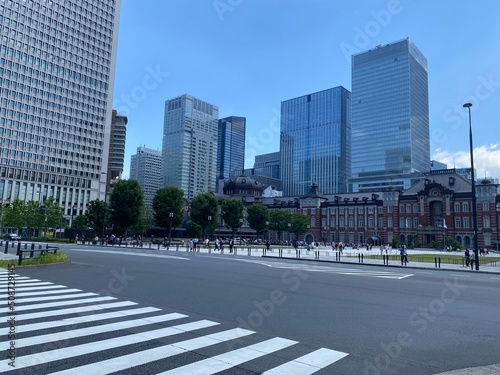 Tokyo station area buildings with the central city space, open public environment and streets of Marunouchi, year 2022 June 4th