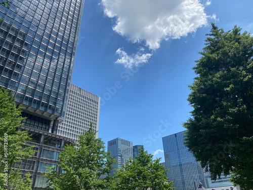 Tokyo station area buildings with the central city space, open public environment and streets of Marunouchi, year 2022 June 4th