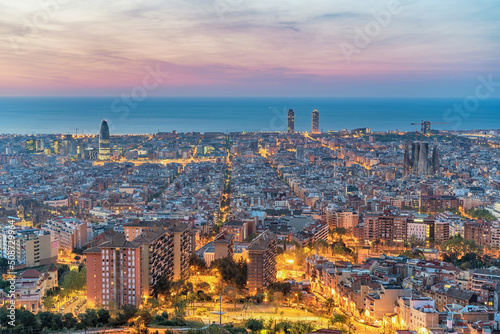 Barcelona Spain, high angle view night city skyline from Bunkers del Carmel