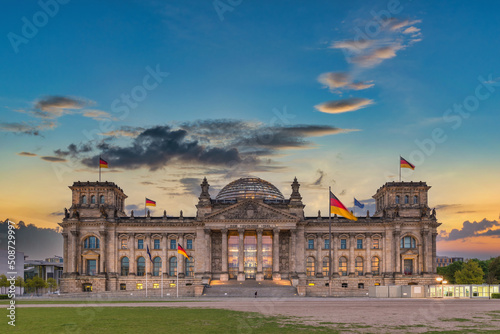 Berlin Germany, sunrise city skyline at Reichstag German Parliament Building photo