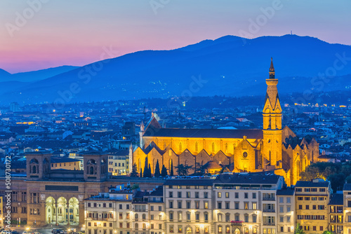 Florence Italy, night city skyline at Basilica of Santa Croce in Florence, Tuscany Italy
